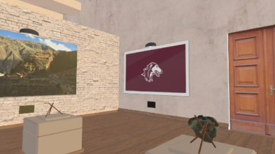 picture of saluki logo on the back wall of the virtual exhibition